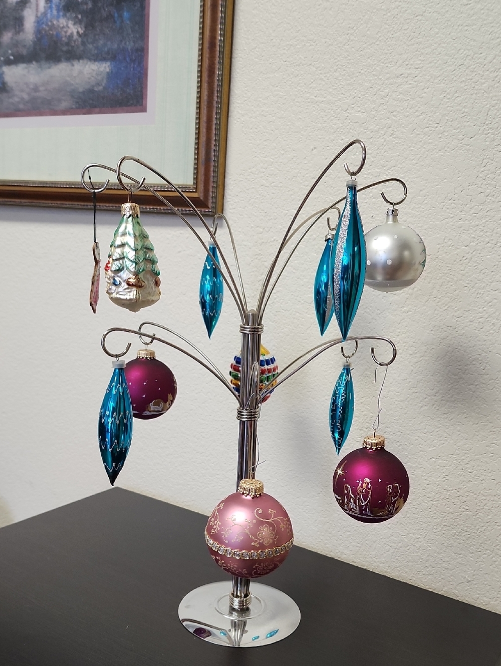 Christmas Ornament Jewelry Tree, With 15 Assorted Vintage Ornaments! - Picture 2 of 16
